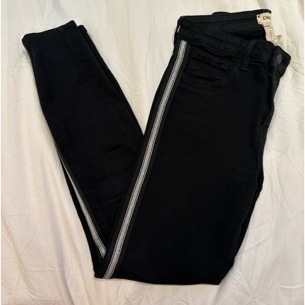 L'AGENCE 'Margot' High Rise Skinny Sliver Tuxedo Stripe Black Jeans